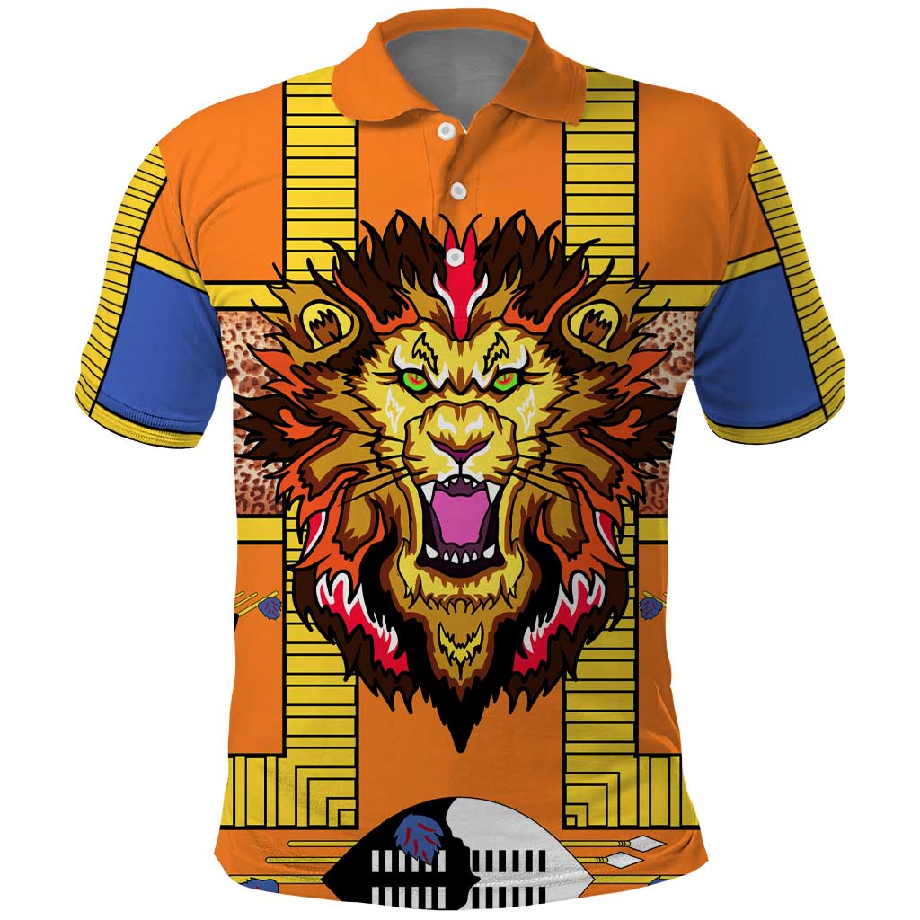 Swaziland Polo Shirt Lion Shield and Leopard Print Tribal Design