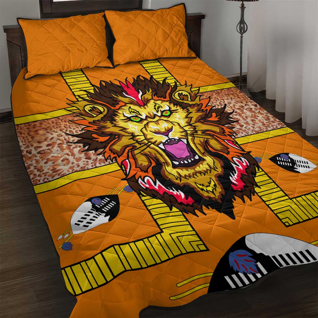 Swaziland Quilt Bed Set Lion Shield and Leopard Print Tribal Design