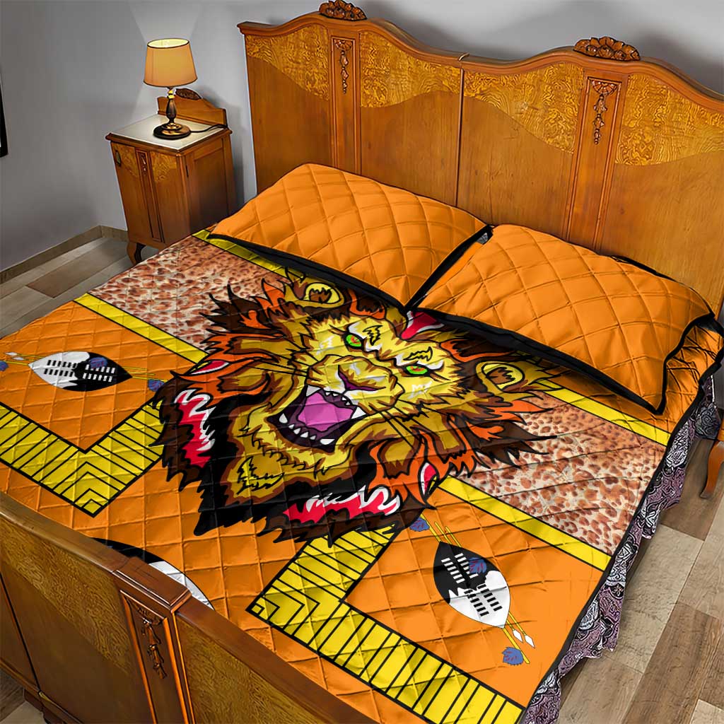 Swaziland Quilt Bed Set Lion Shield and Leopard Print Tribal Design