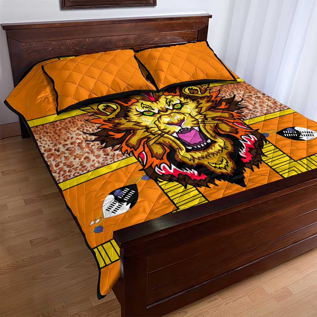 Swaziland Quilt Bed Set Lion Shield and Leopard Print Tribal Design