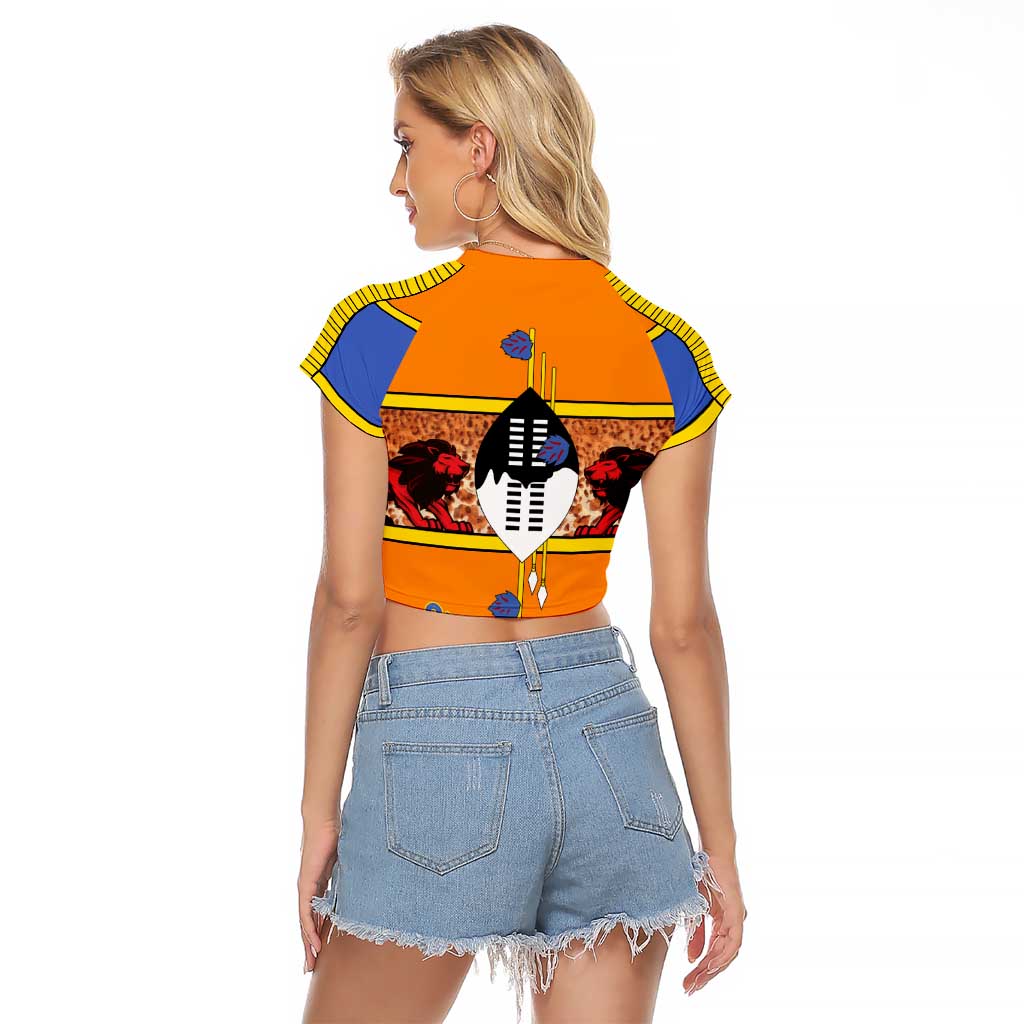 Swaziland Raglan Cropped T Shirt Lion Shield and Leopard Print Tribal Design
