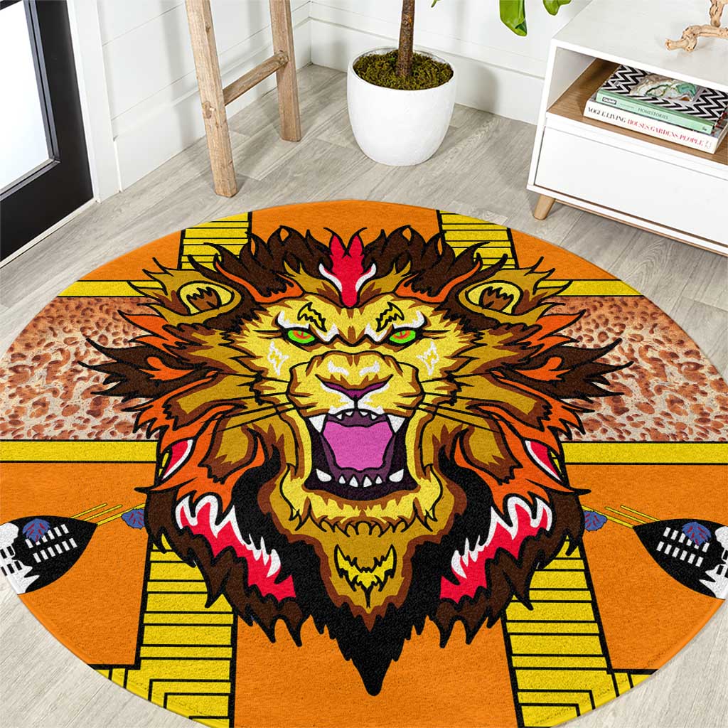 Swaziland Round Carpet Lion Shield and Leopard Print Tribal Design