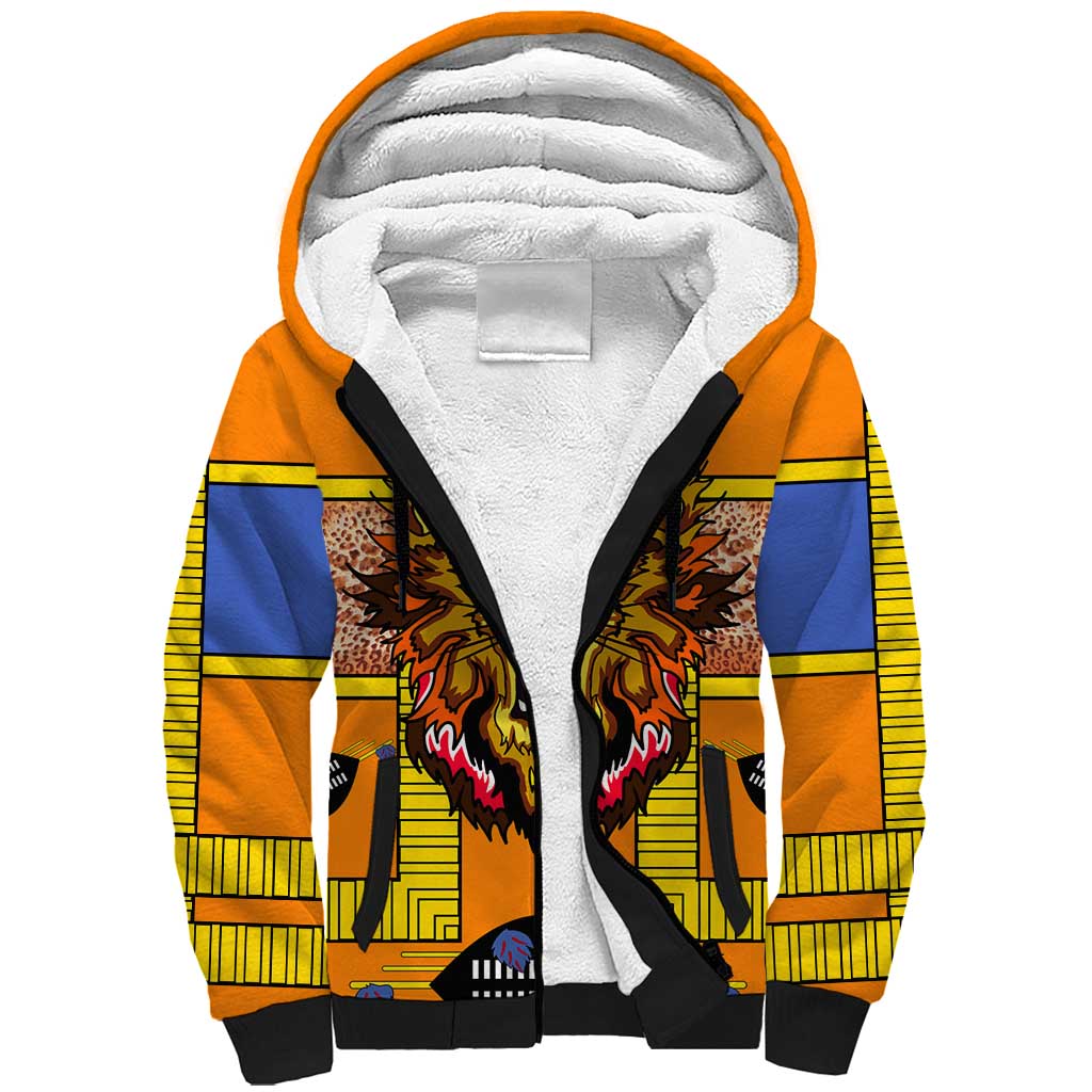 Swaziland Sherpa Hoodie Lion Shield and Leopard Print Tribal Design