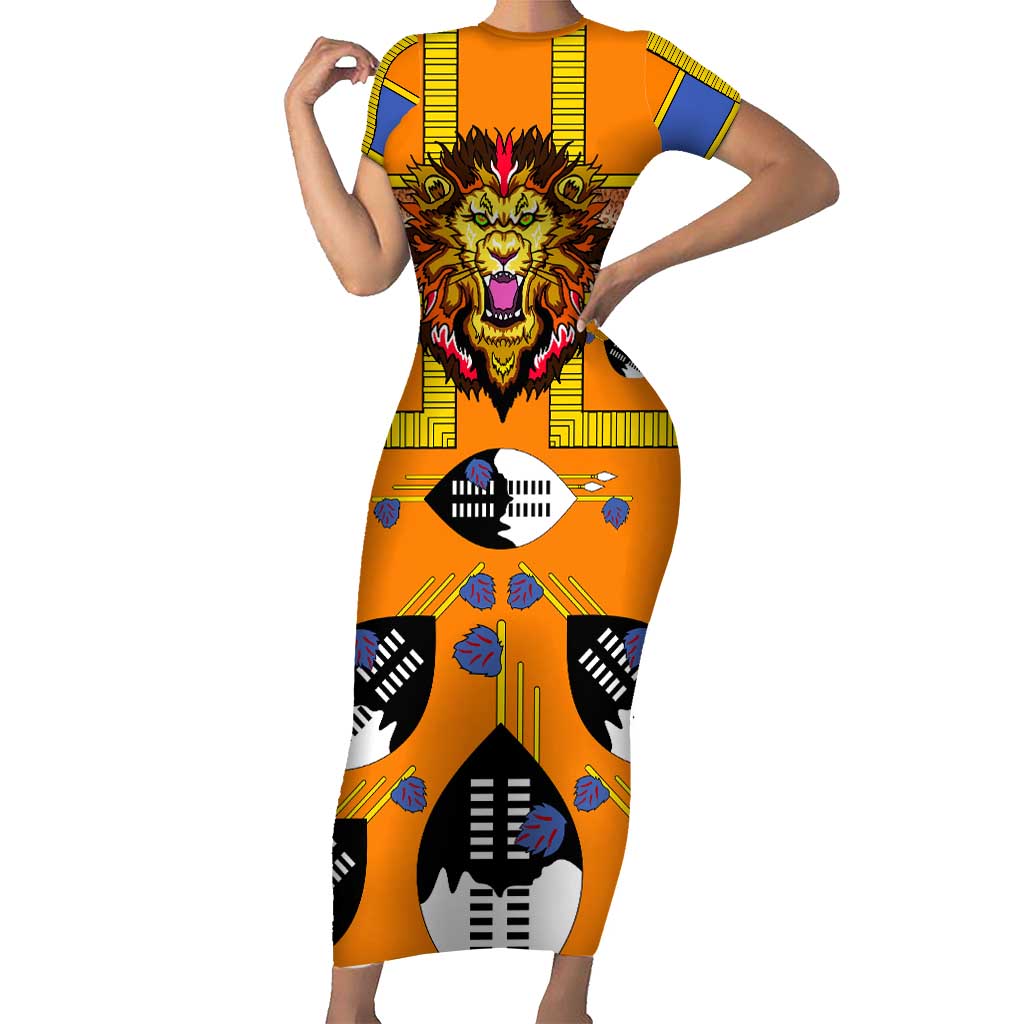 Swaziland Short Sleeve Bodycon Dress Lion Shield and Leopard Print Tribal Design