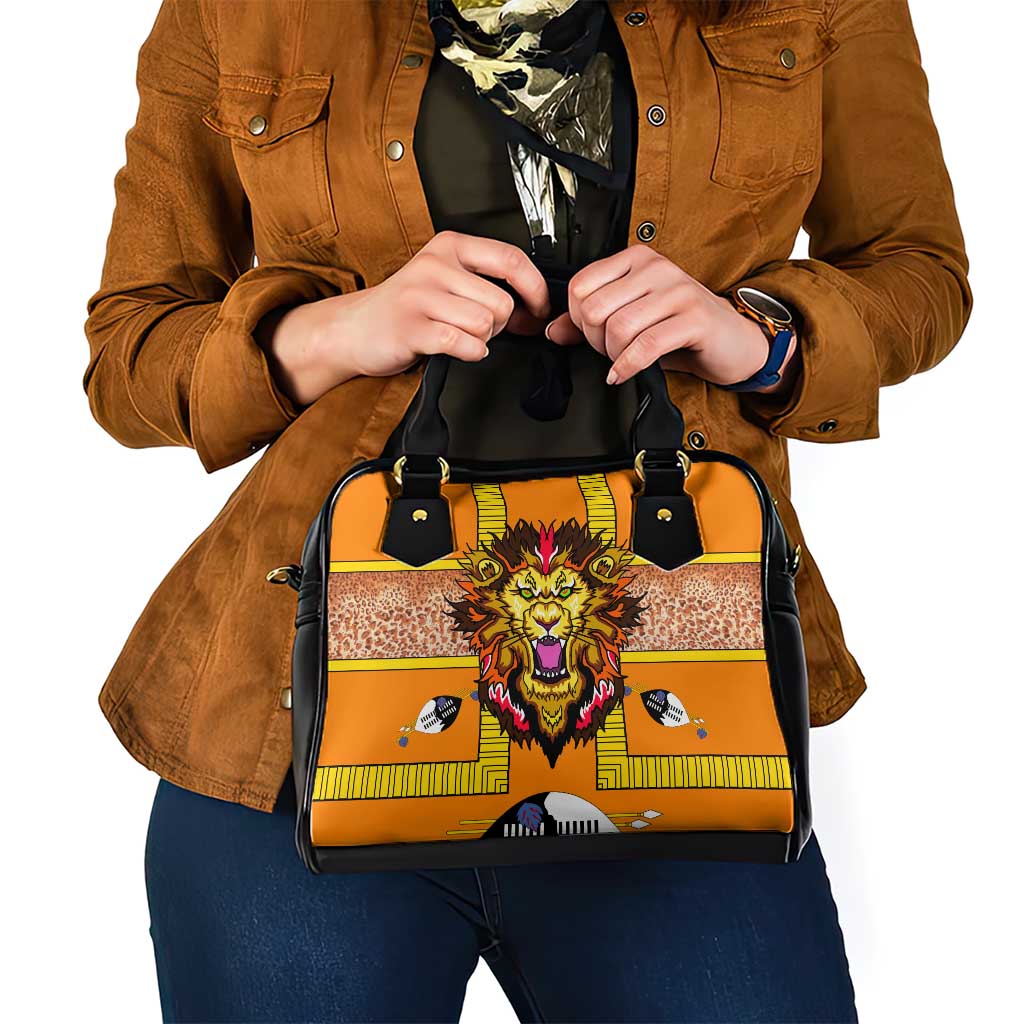 Swaziland Shoulder Handbag Lion Shield and Leopard Print Tribal Design