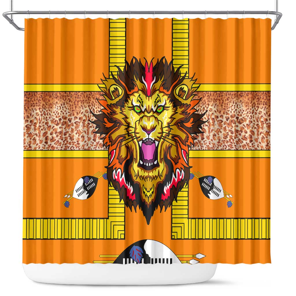 Swaziland Shower Curtain Lion Shield and Leopard Print Tribal Design