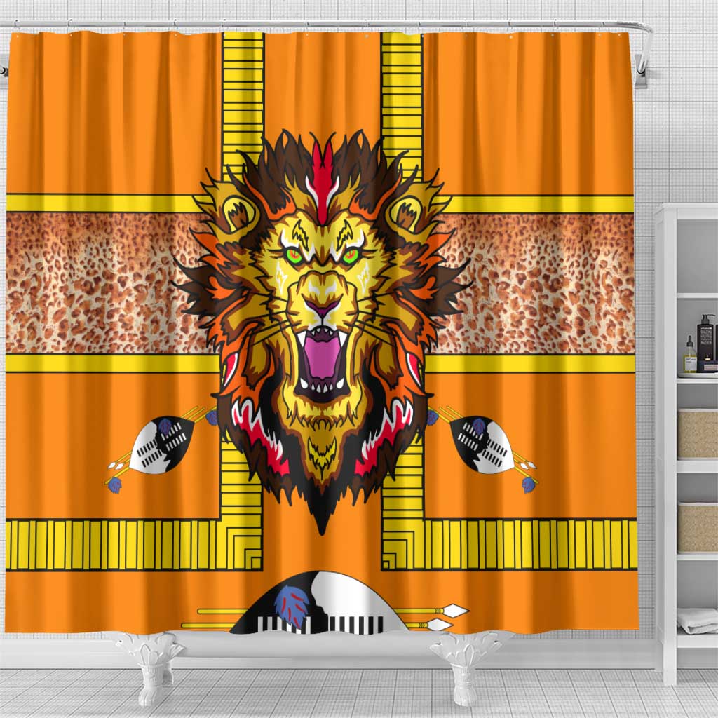 Swaziland Shower Curtain Lion Shield and Leopard Print Tribal Design