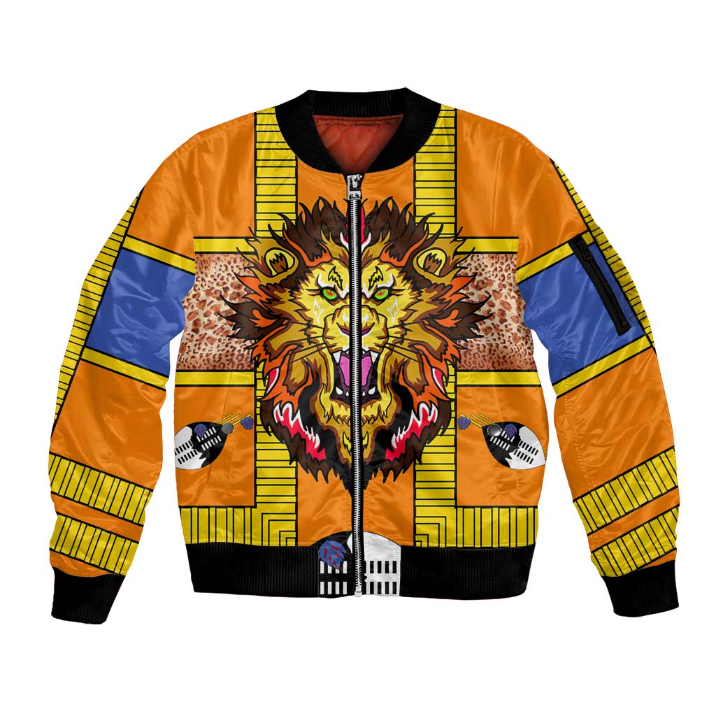 Swaziland Sleeve Zip Bomber Jacket Lion Shield and Leopard Print Tribal Design