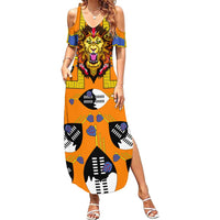 Swaziland Summer Maxi Dress Lion Shield and Leopard Print Tribal Design