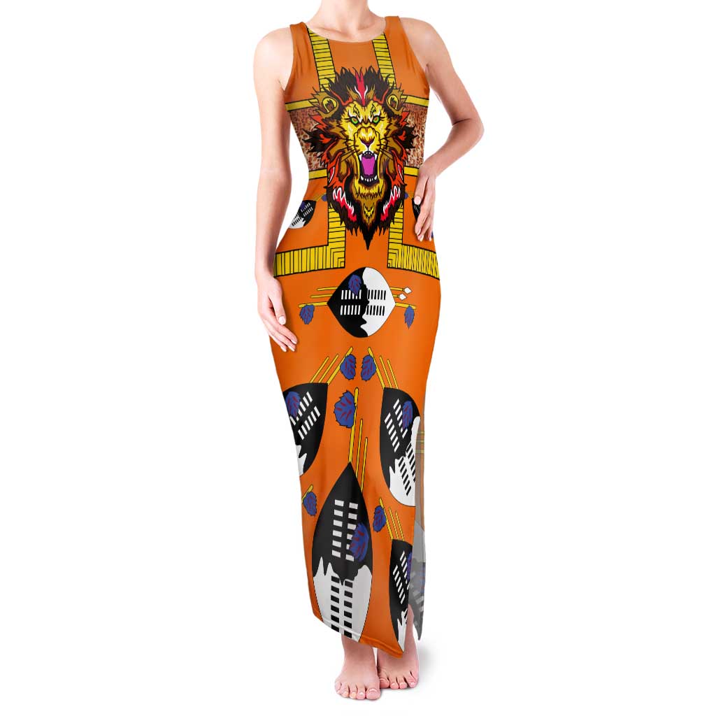 Swaziland Tank Maxi Dress Lion Shield and Leopard Print Tribal Design