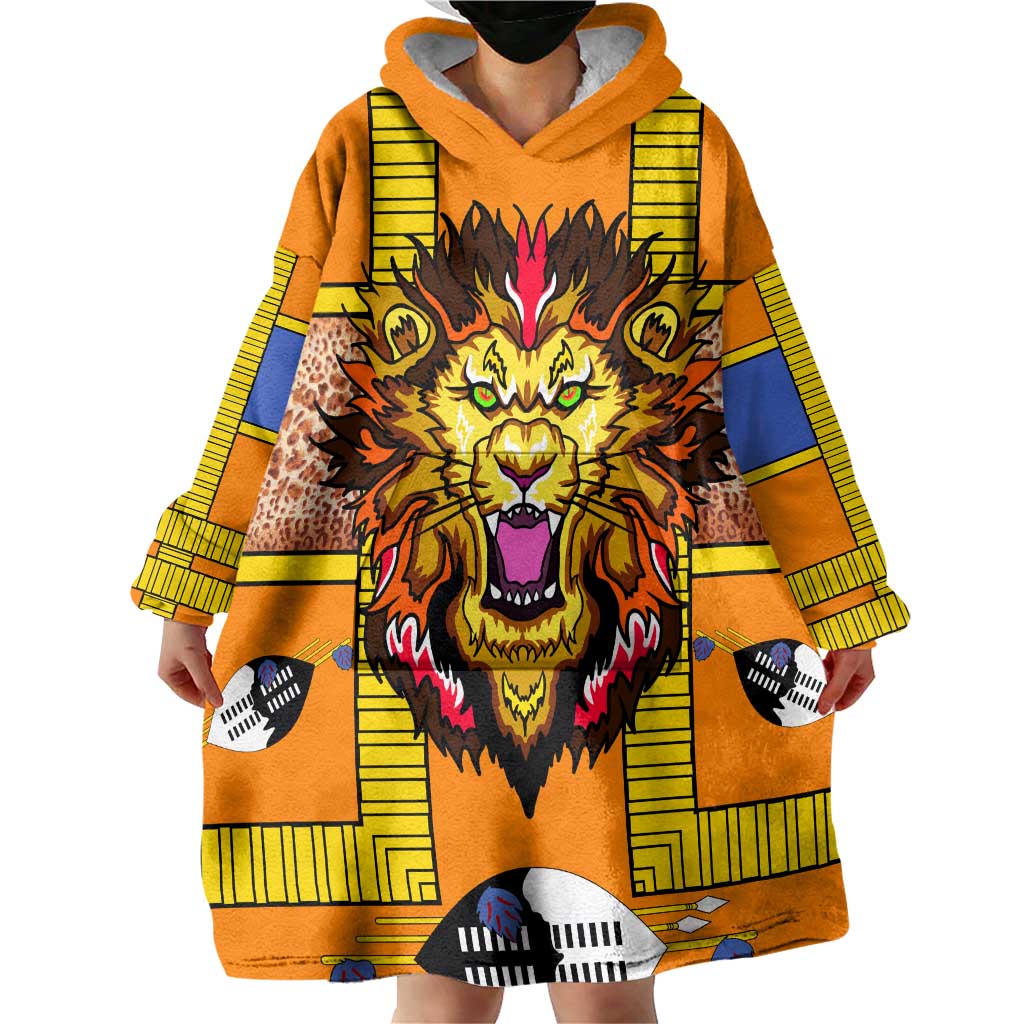 Swaziland Wearable Blanket Hoodie Lion Shield and Leopard Print Tribal Design