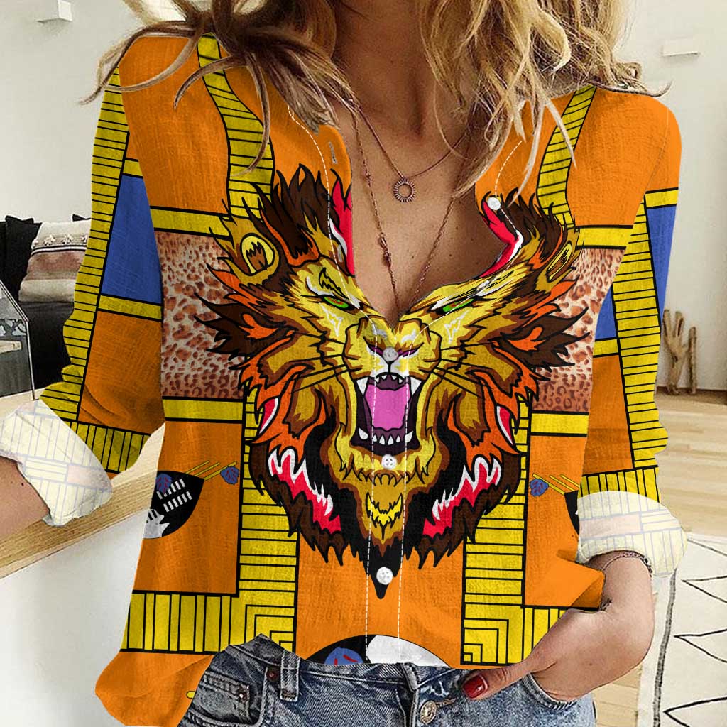 Swaziland Women Casual Shirt Lion Shield and Leopard Print Tribal Design