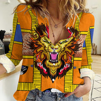 Swaziland Women Casual Shirt Lion Shield and Leopard Print Tribal Design