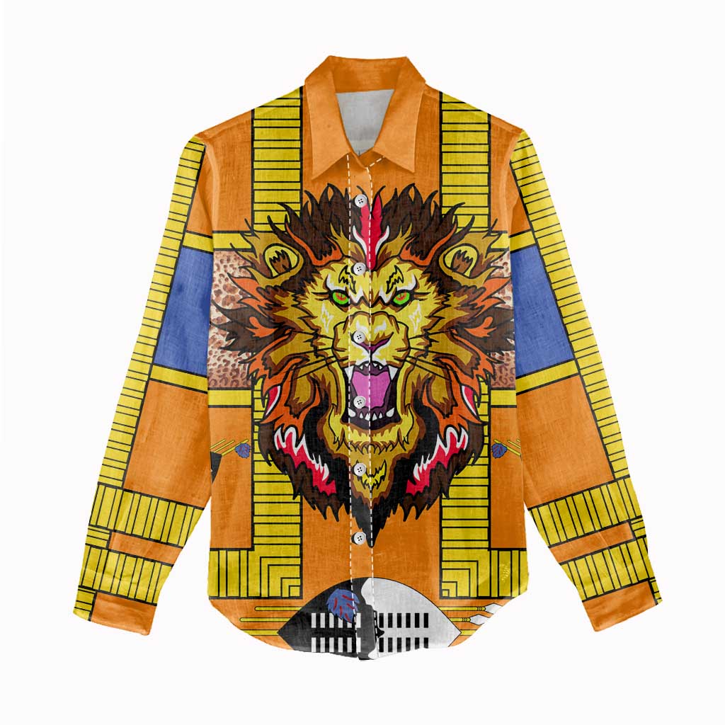 Swaziland Women Casual Shirt Lion Shield and Leopard Print Tribal Design