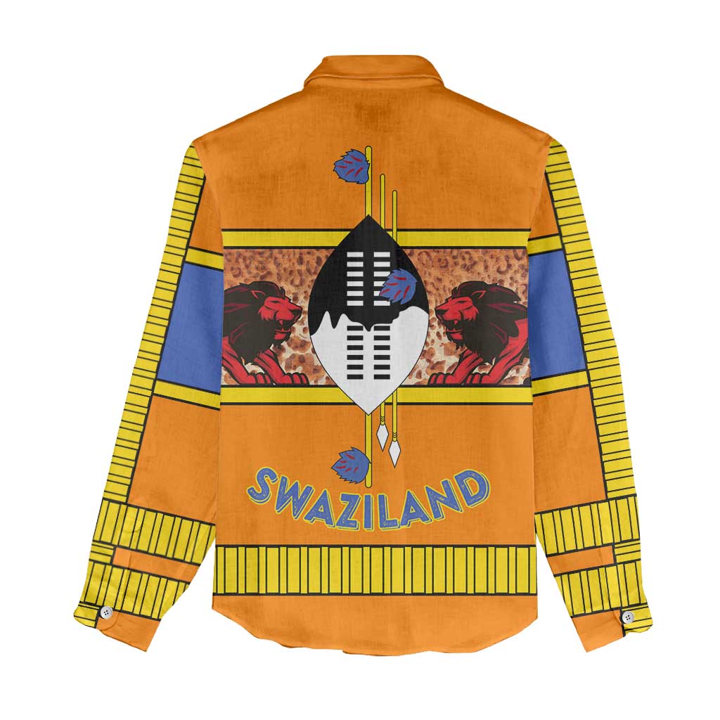 Swaziland Women Casual Shirt Lion Shield and Leopard Print Tribal Design