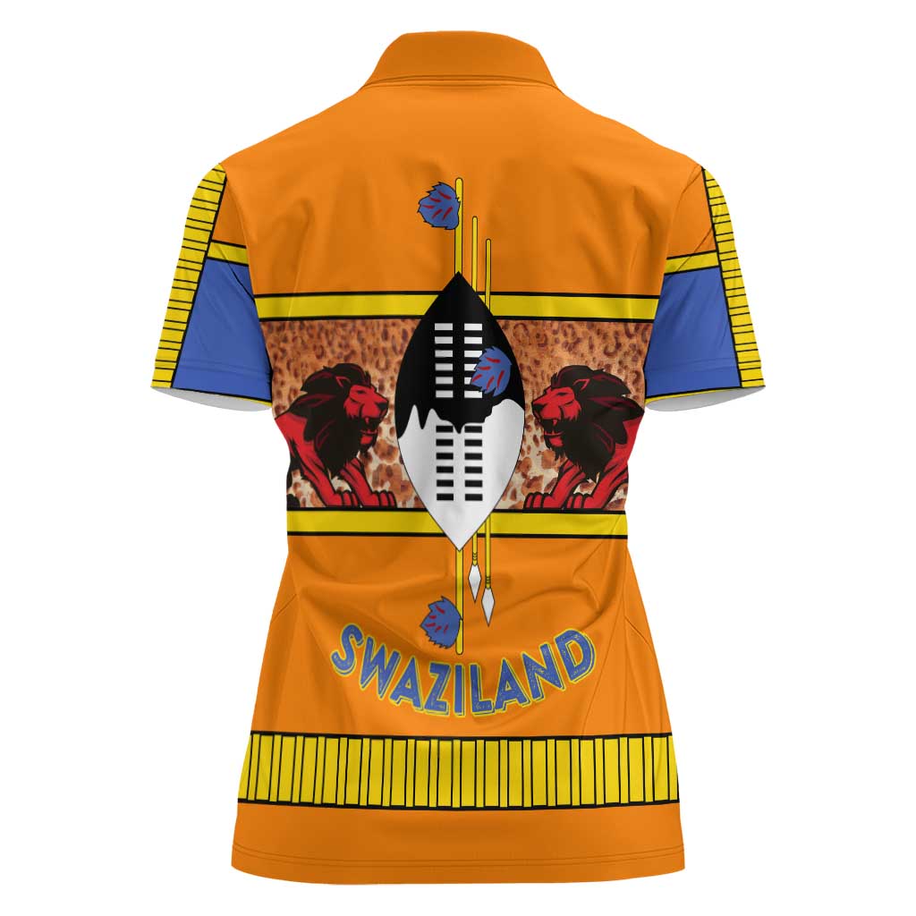 Swaziland Women Polo Shirt Lion Shield and Leopard Print Tribal Design