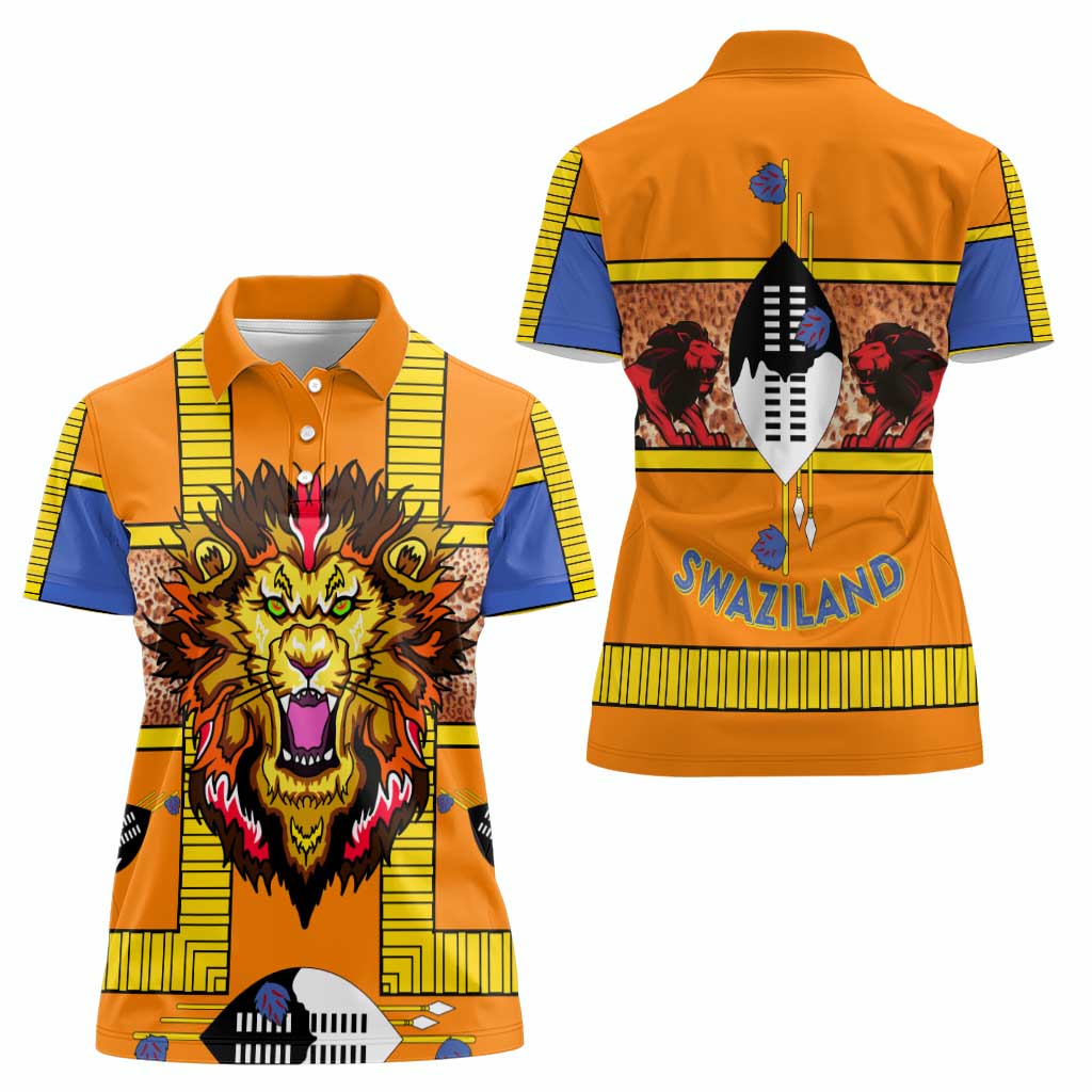 Swaziland Women Polo Shirt Lion Shield and Leopard Print Tribal Design