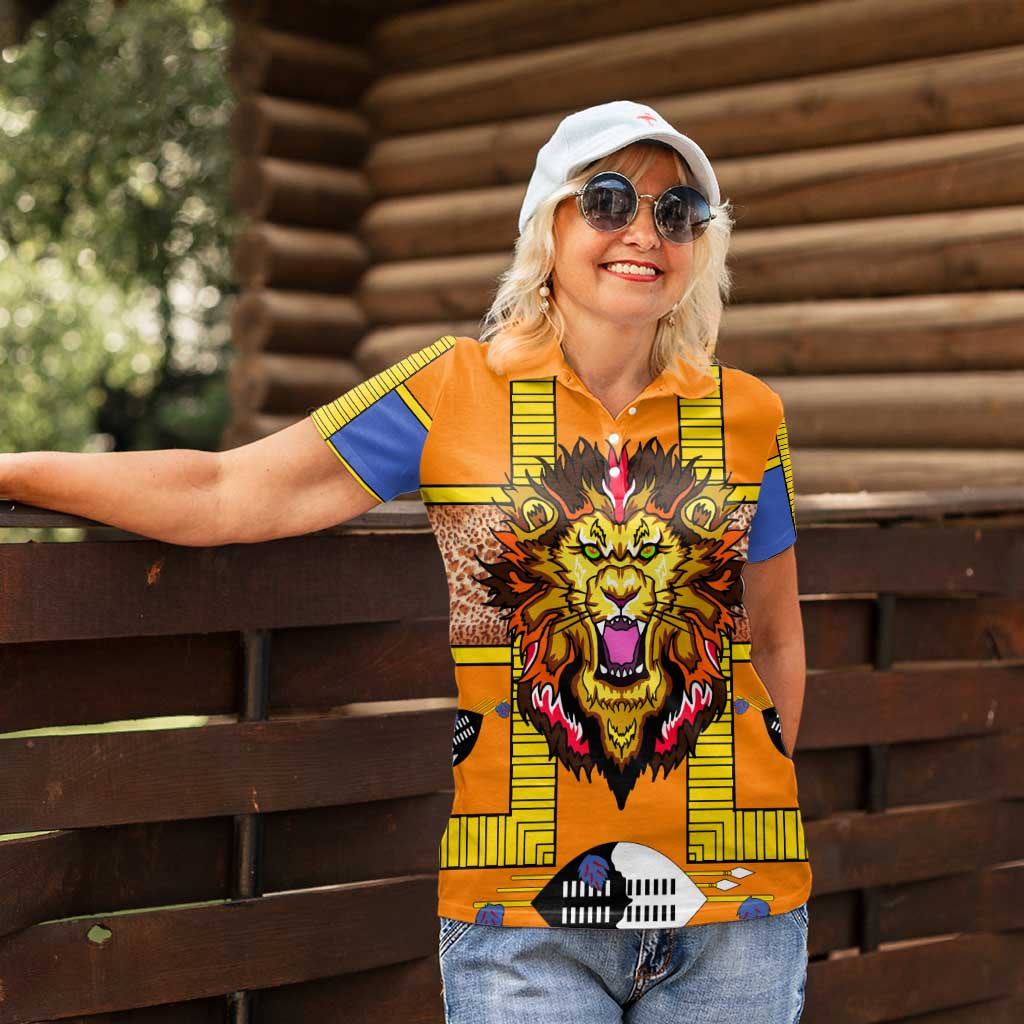 Swaziland Women Polo Shirt Lion Shield and Leopard Print Tribal Design