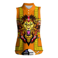Swaziland Women Sleeveless Polo Shirt Lion Shield and Leopard Print Tribal Design