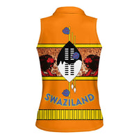 Swaziland Women Sleeveless Polo Shirt Lion Shield and Leopard Print Tribal Design