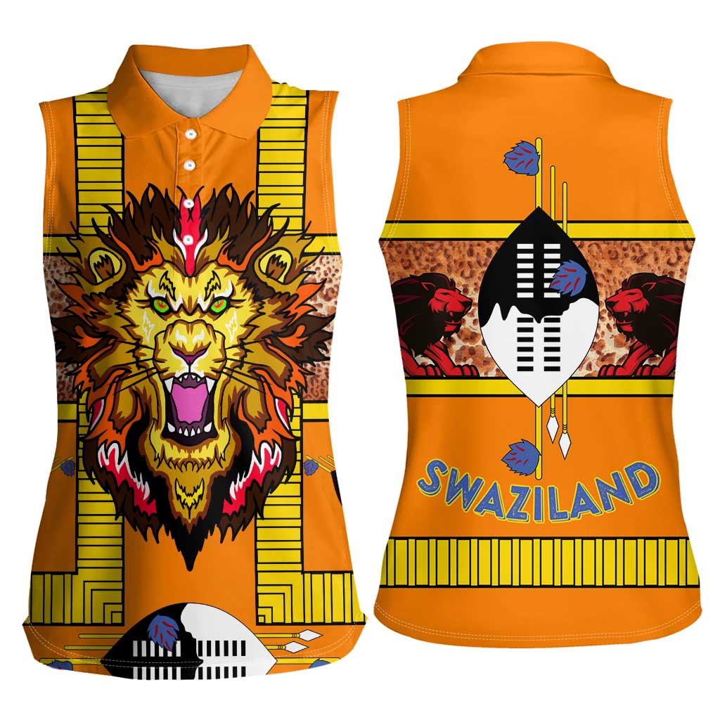 Swaziland Women Sleeveless Polo Shirt Lion Shield and Leopard Print Tribal Design