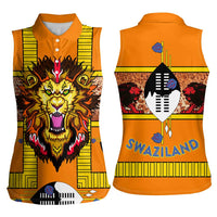 Swaziland Women Sleeveless Polo Shirt Lion Shield and Leopard Print Tribal Design