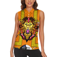 Swaziland Women Sleeveless Polo Shirt Lion Shield and Leopard Print Tribal Design