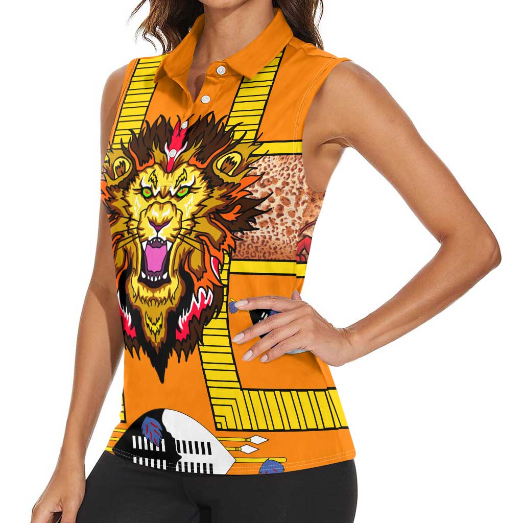 Swaziland Women Sleeveless Polo Shirt Lion Shield and Leopard Print Tribal Design
