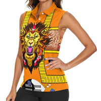 Swaziland Women Sleeveless Polo Shirt Lion Shield and Leopard Print Tribal Design