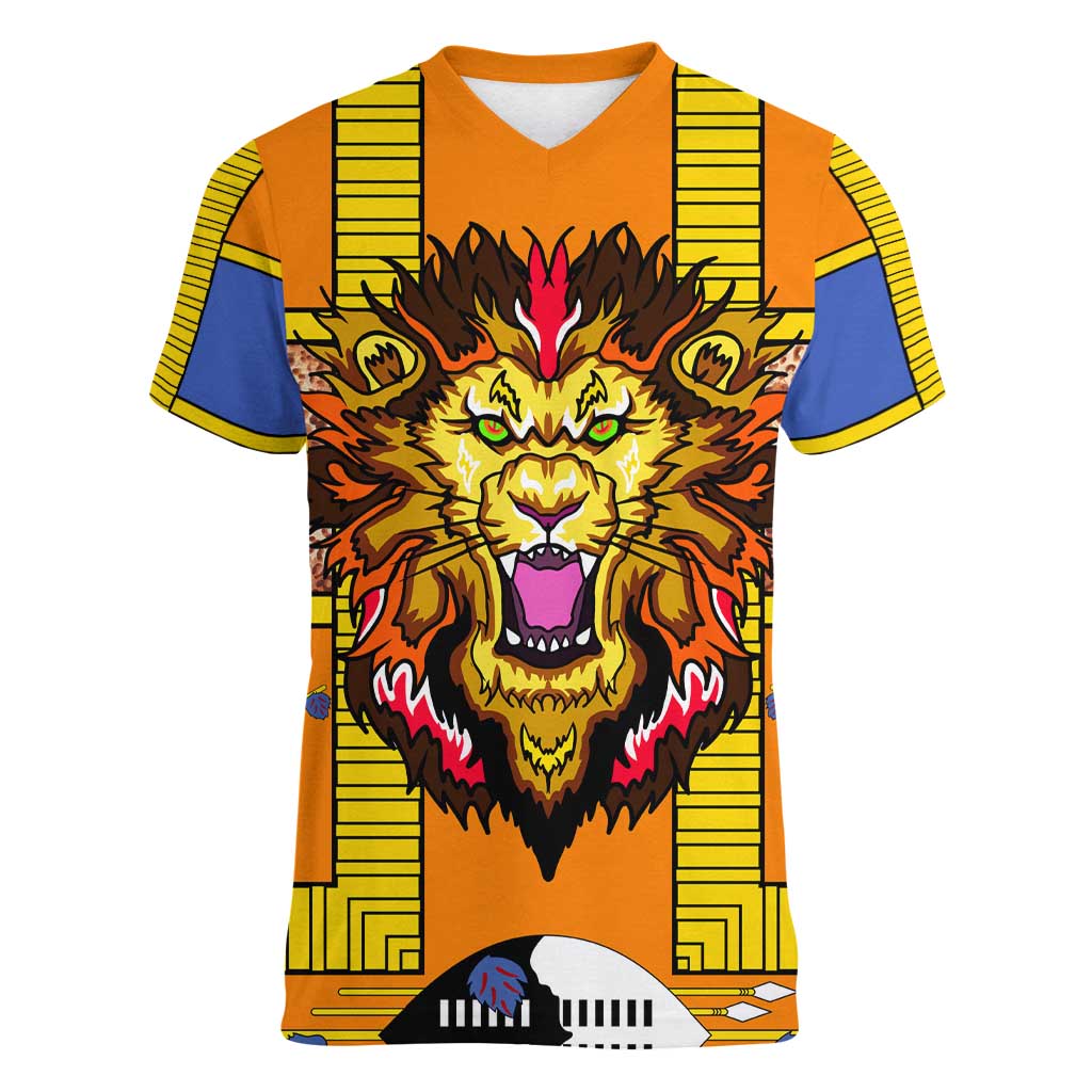 Swaziland Women V-Neck T-Shirt Lion Shield and Leopard Print Tribal Design
