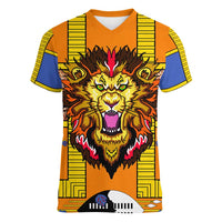 Swaziland Women V-Neck T-Shirt Lion Shield and Leopard Print Tribal Design