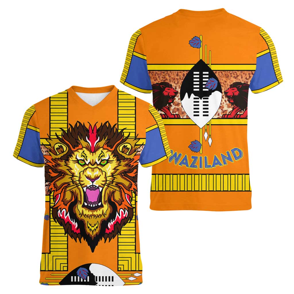 Swaziland Women V-Neck T-Shirt Lion Shield and Leopard Print Tribal Design