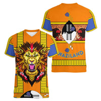 Swaziland Women V-Neck T-Shirt Lion Shield and Leopard Print Tribal Design