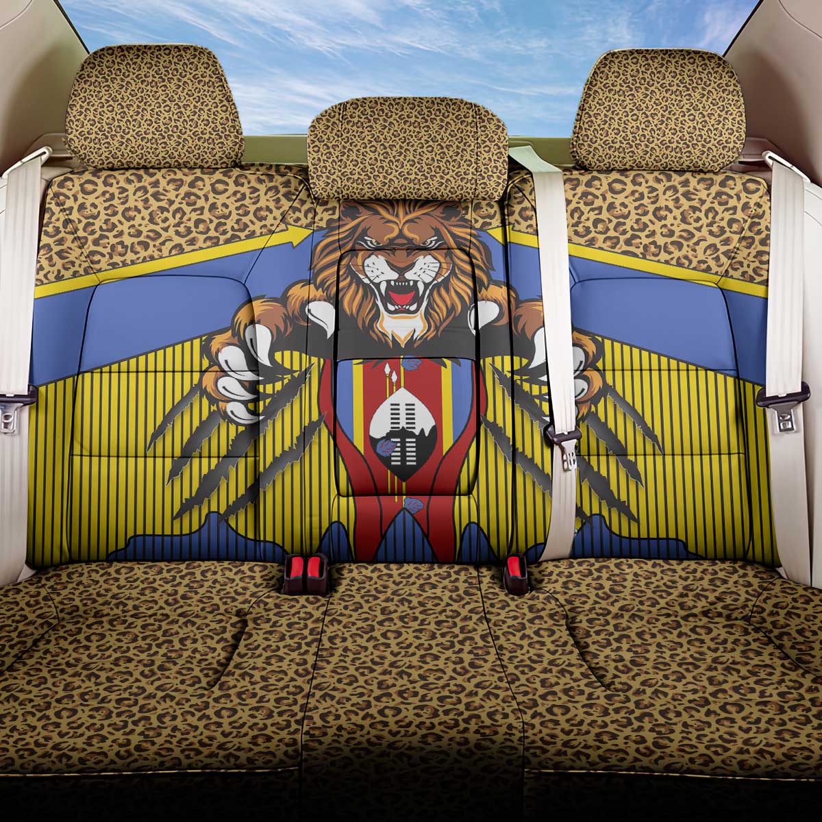 Swaziland Back Car Seat Cover Coat of Arms Lion Elephant Shield Leopard Print Design