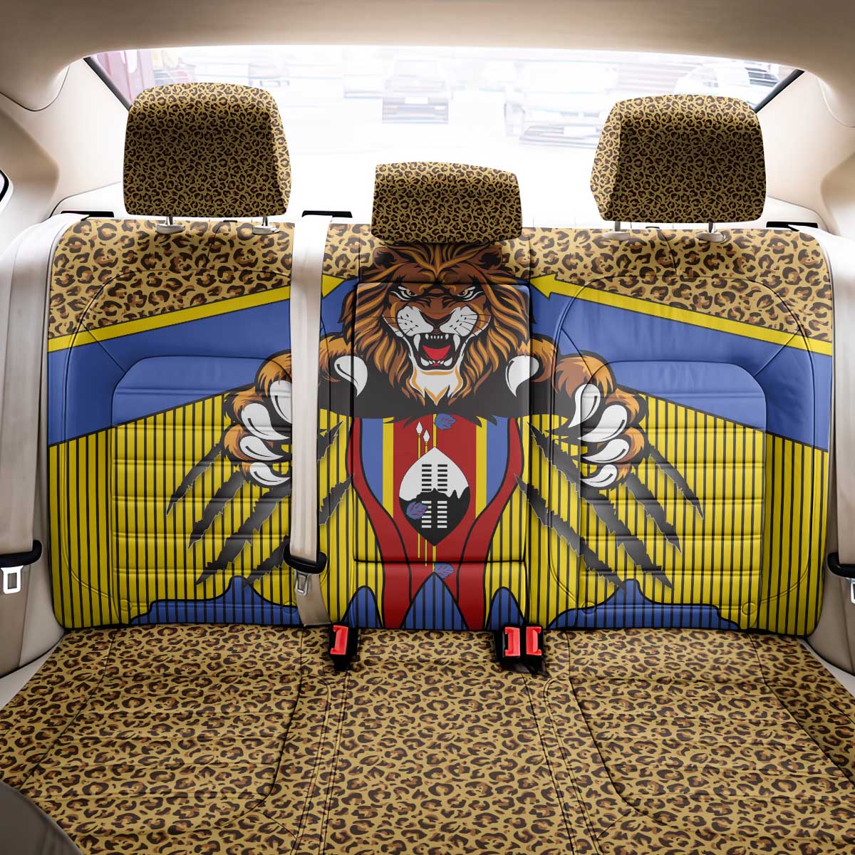 Swaziland Back Car Seat Cover Coat of Arms Lion Elephant Shield Leopard Print Design