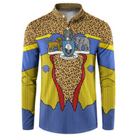 Swaziland Button Sweatshirt Coat of Arms Lion Elephant Shield Leopard Print Design
