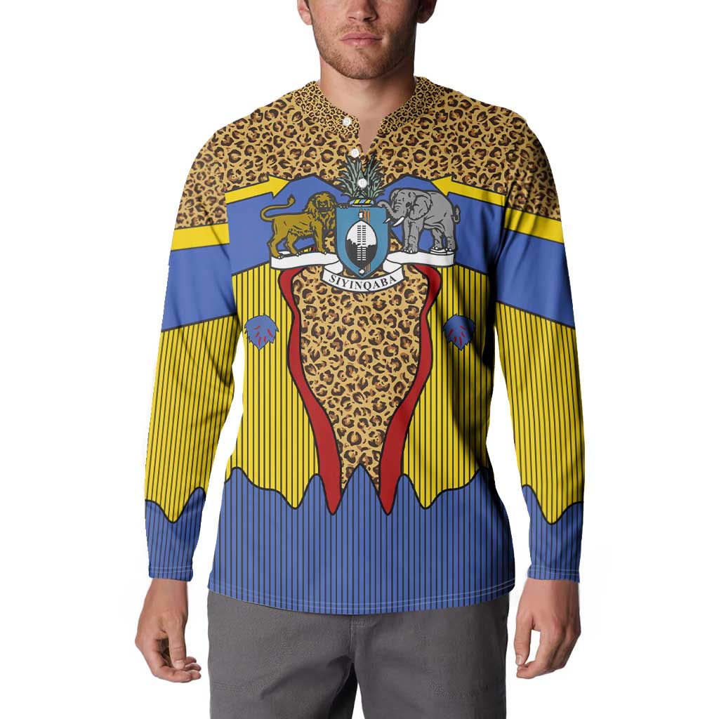 Swaziland Button Sweatshirt Coat of Arms Lion Elephant Shield Leopard Print Design