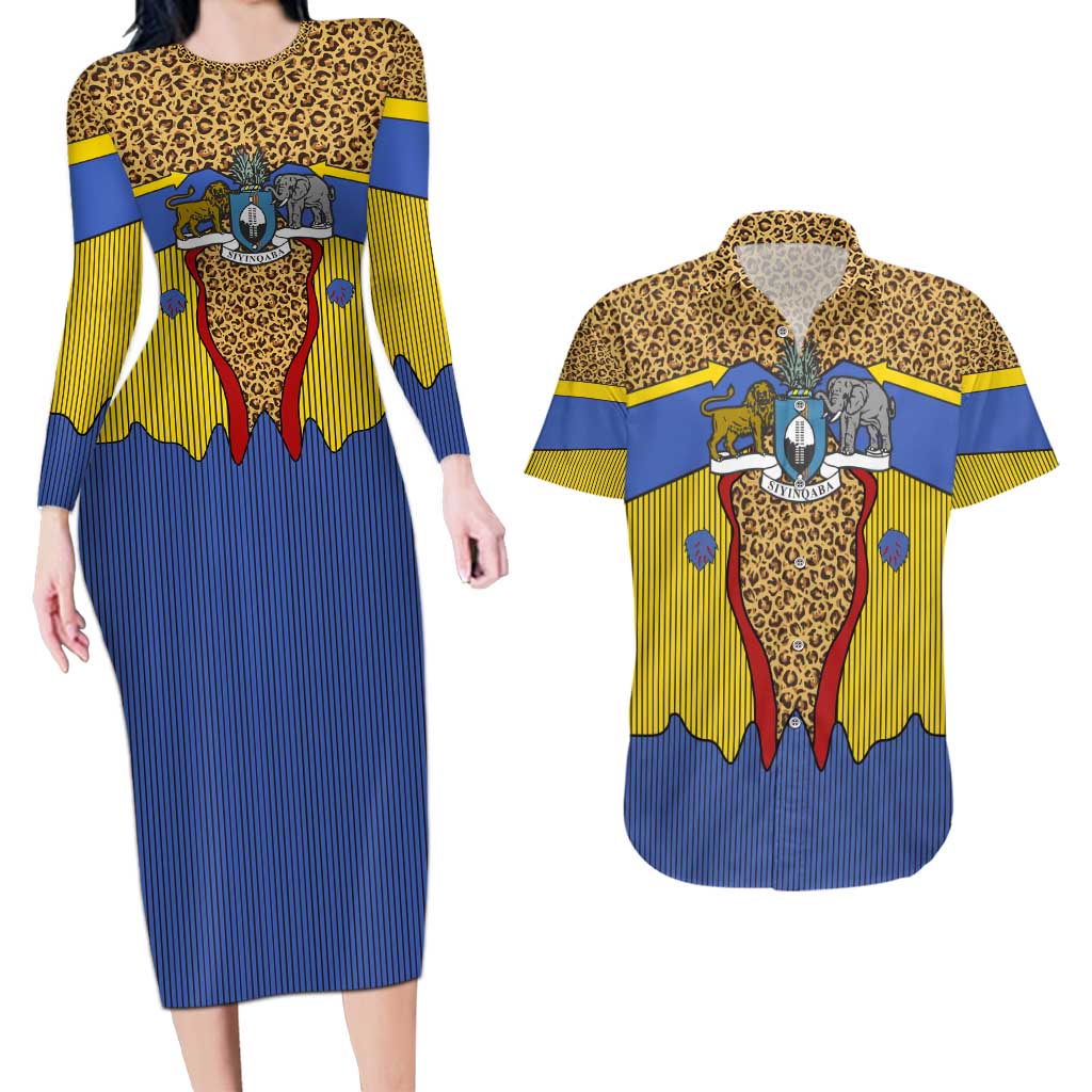 Swaziland Couples Matching Long Sleeve Bodycon Dress and Hawaiian Shirt Coat of Arms Lion Elephant Shield Leopard Print Design