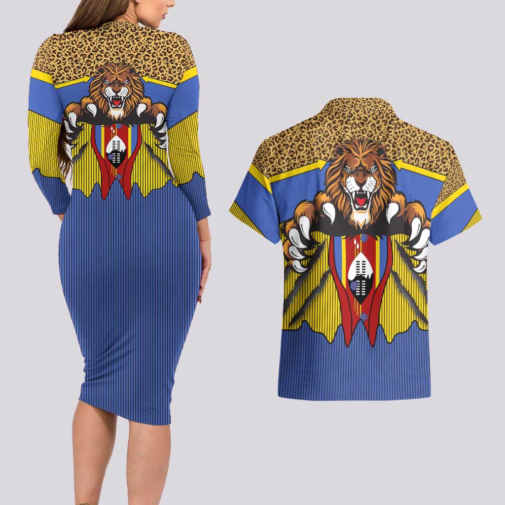 Swaziland Couples Matching Long Sleeve Bodycon Dress and Hawaiian Shirt Coat of Arms Lion Elephant Shield Leopard Print Design