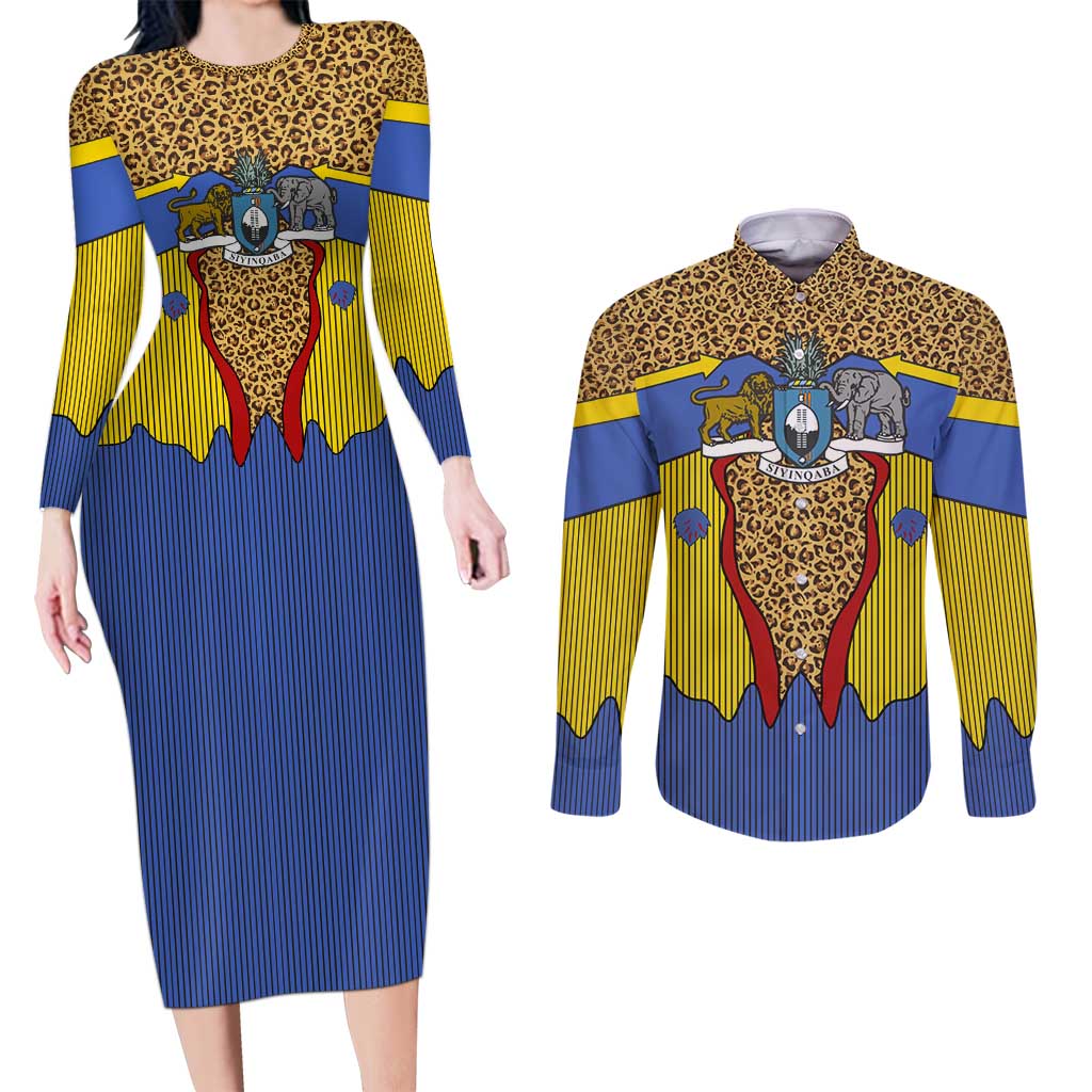 Swaziland Couples Matching Long Sleeve Bodycon Dress and Long Sleeve Button Shirt Coat of Arms Lion Elephant Shield Leopard Print Design