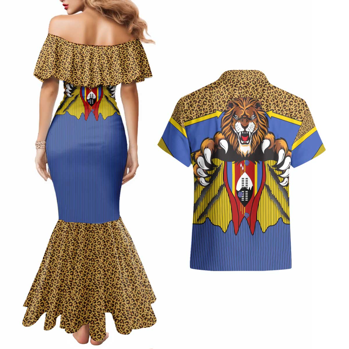 Swaziland Couples Matching Mermaid Dress and Hawaiian Shirt Coat of Arms Lion Elephant Shield Leopard Print Design