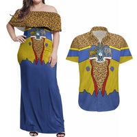 Swaziland Couples Matching Off Shoulder Maxi Dress and Hawaiian Shirt Coat of Arms Lion Elephant Shield Leopard Print Design