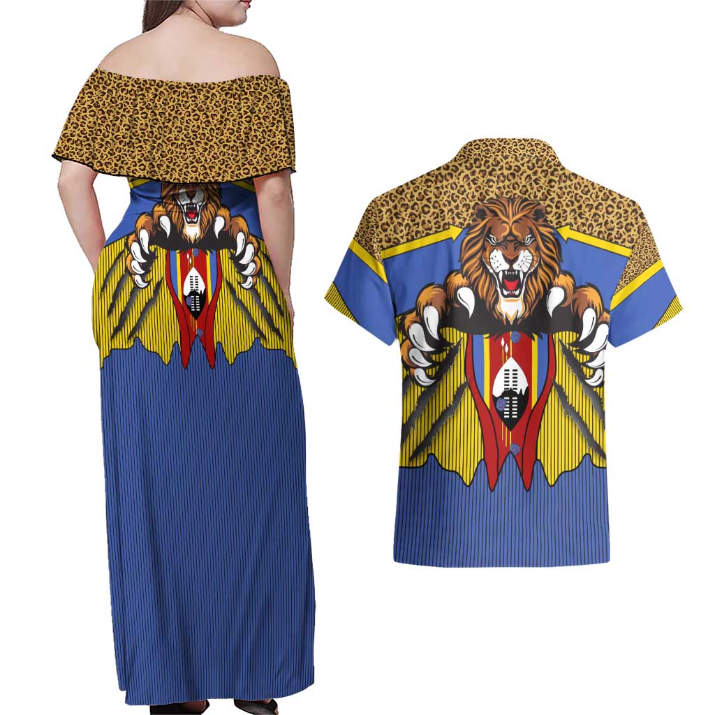 Swaziland Couples Matching Off Shoulder Maxi Dress and Hawaiian Shirt Coat of Arms Lion Elephant Shield Leopard Print Design