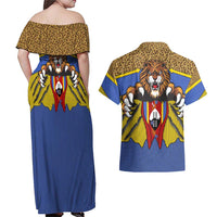 Swaziland Couples Matching Off Shoulder Maxi Dress and Hawaiian Shirt Coat of Arms Lion Elephant Shield Leopard Print Design