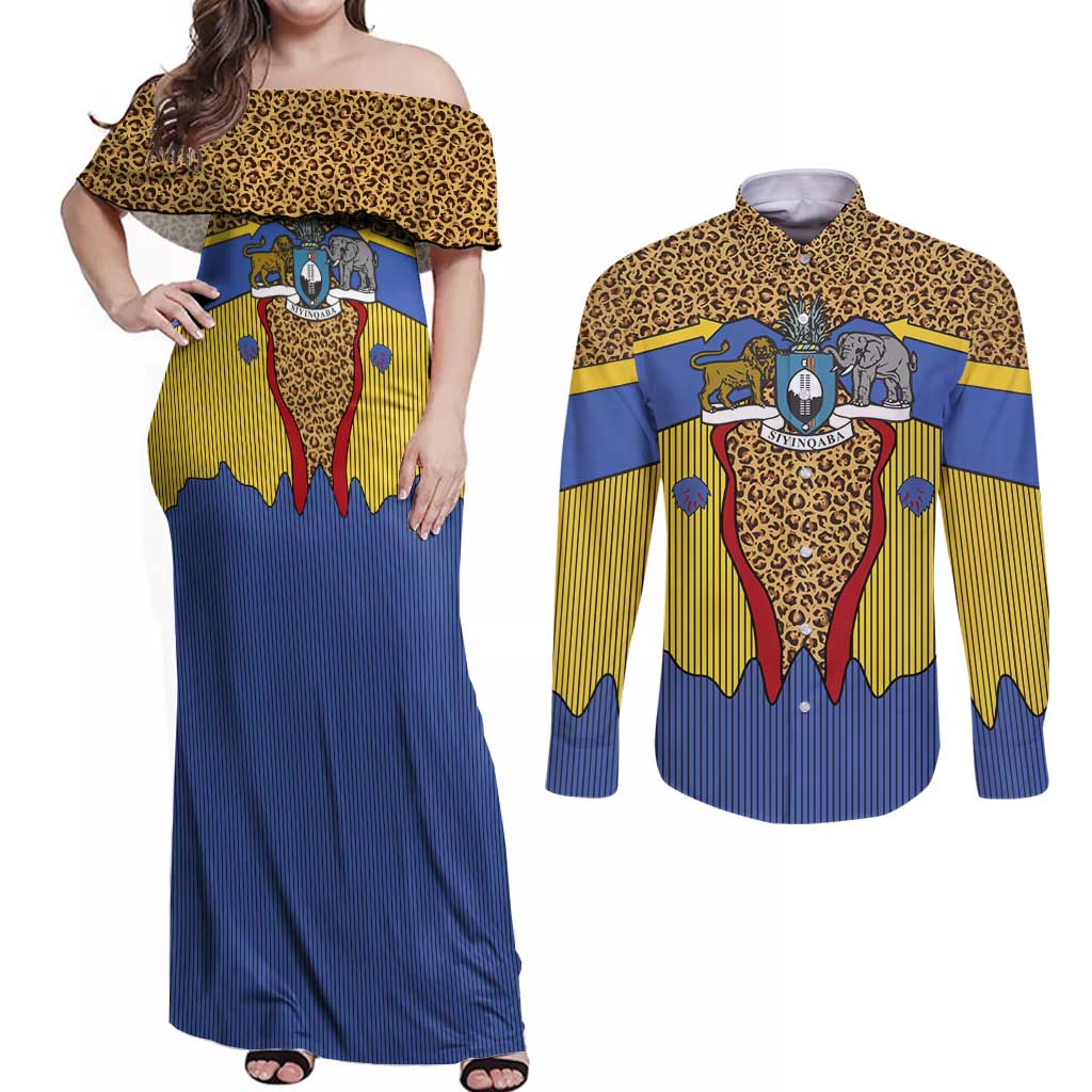 Swaziland Couples Matching Off Shoulder Maxi Dress and Long Sleeve Button Shirt Coat of Arms Lion Elephant Shield Leopard Print Design