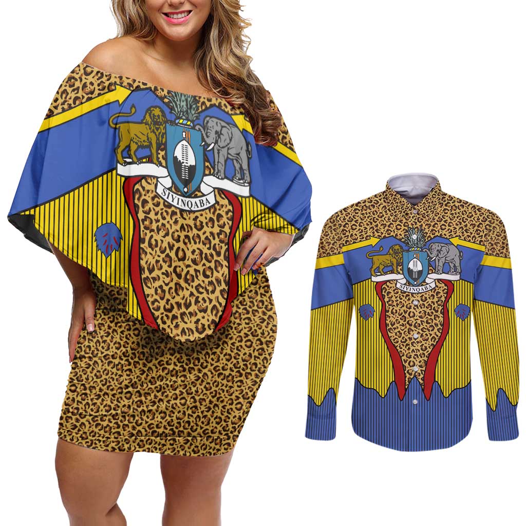 Swaziland Couples Matching Off Shoulder Short Dress and Long Sleeve Button Shirt Coat of Arms Lion Elephant Shield Leopard Print Design