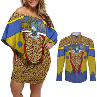 Swaziland Couples Matching Off Shoulder Short Dress and Long Sleeve Button Shirt Coat of Arms Lion Elephant Shield Leopard Print Design