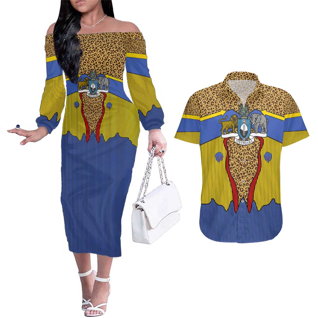 Swaziland Couples Matching Off The Shoulder Long Sleeve Dress and Hawaiian Shirt Coat of Arms Lion Elephant Shield Leopard Print Design