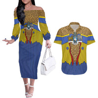 Swaziland Couples Matching Off The Shoulder Long Sleeve Dress and Hawaiian Shirt Coat of Arms Lion Elephant Shield Leopard Print Design