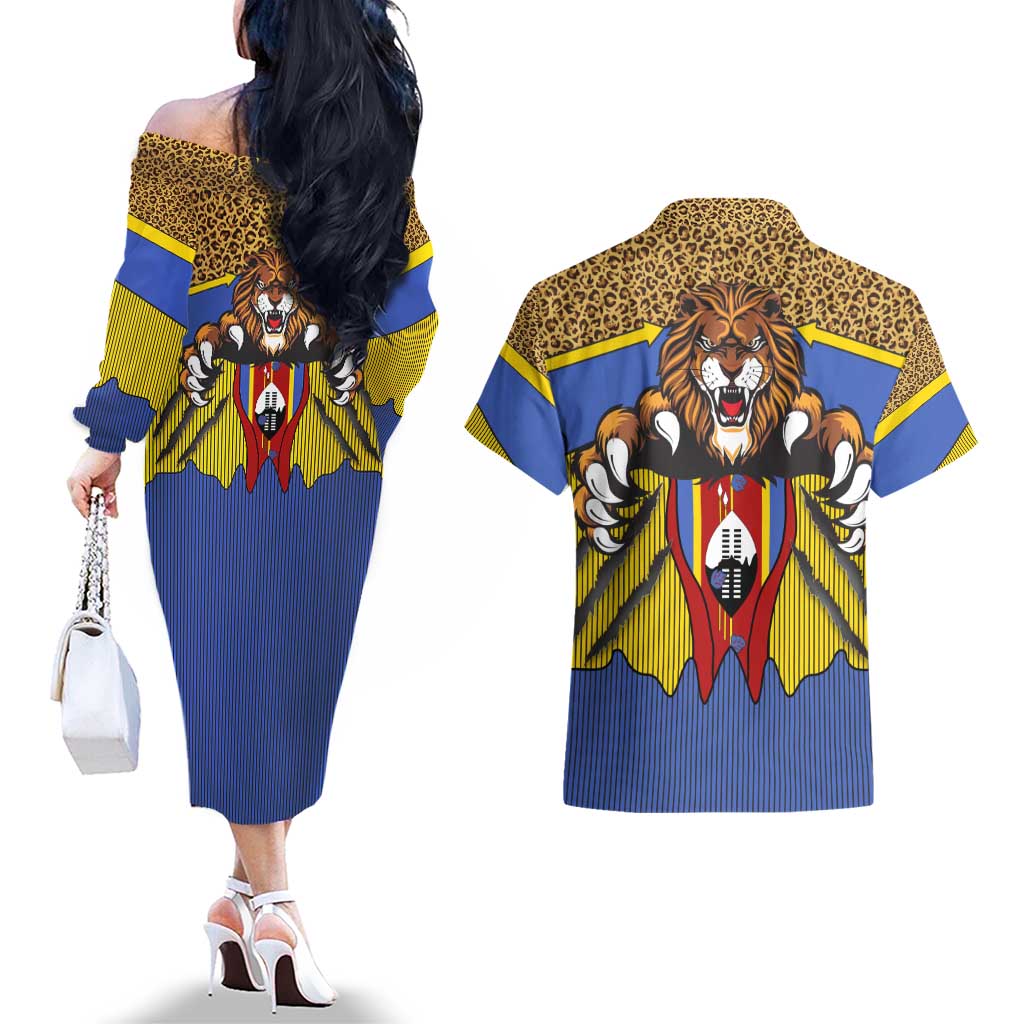 Swaziland Couples Matching Off The Shoulder Long Sleeve Dress and Hawaiian Shirt Coat of Arms Lion Elephant Shield Leopard Print Design